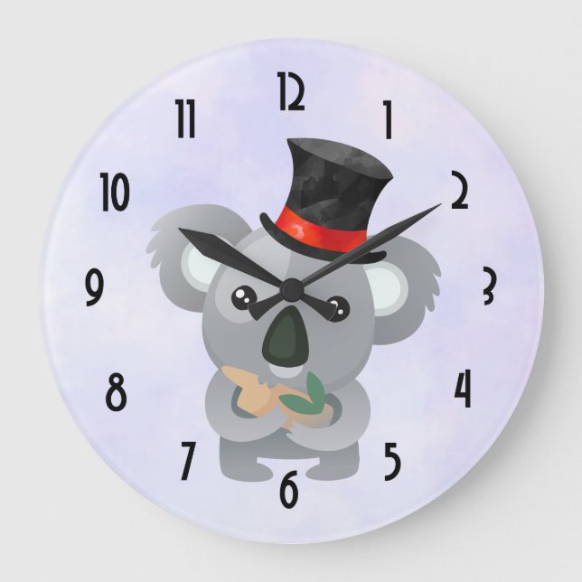 Reloj Redondo Grande Cute Koala en un sombrero negro superior (Anverso)