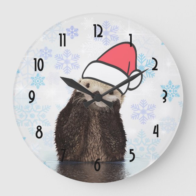 Reloj Redondo Grande Cute Otter llevando un Navidad de Santa Hat (Anverso)