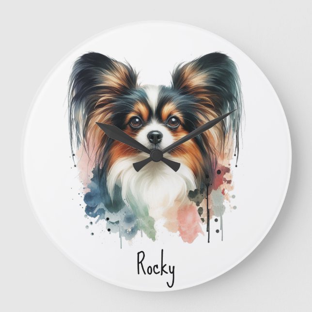 Reloj Redondo Grande Cute Papillon Dog Watercolor Art (Anverso)