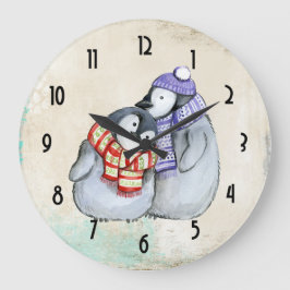 Reloj Redondo Grande Cute Penguins in Winter Scarves and Hats