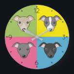 Reloj Redondo Grande Cute personalizado Greyhounds italiano colorido ar<br><div class="desc">Arte pop personalizado - adorables rostros de galgo italiano en 4 colores :) 🔹 Puede personalizar - editar números fuente y color,  rotar/redimensionar imagen,  agregar texto y más! 🔹 🔹 🔹 Envíenme una foto de su compra o simplemente compartan y etiquetarme @edrawings38art (en FB/IG/Twitter)! Gracias! 💜</div>