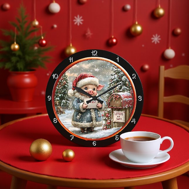 Reloj Redondo Grande Cute Pig Holding Navidades Wishlist (Subido por el creador)