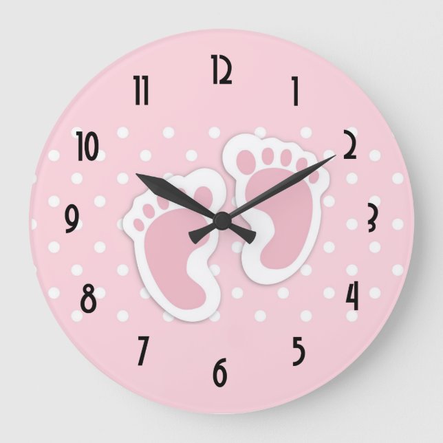 Reloj Redondo Grande Cute Pink baby Girl Footprints (Anverso)