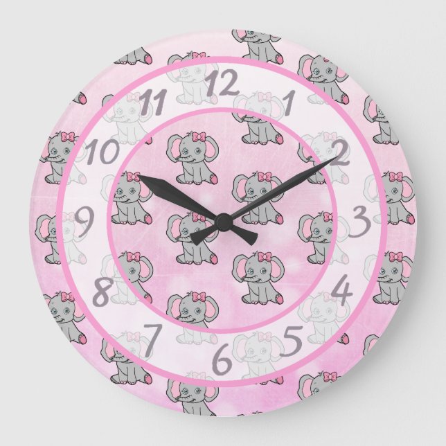 Reloj Redondo Grande Cute pink elephant children's or baby nursery (Anverso)