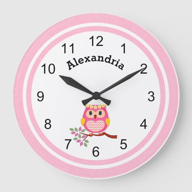 Reloj Redondo Grande Cute Pink Owl (Anverso)