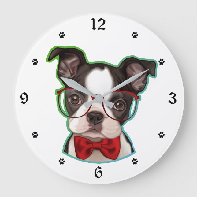 Reloj Redondo Grande Cute Pop Art Hipster Boston Terrier Dog (Anverso)