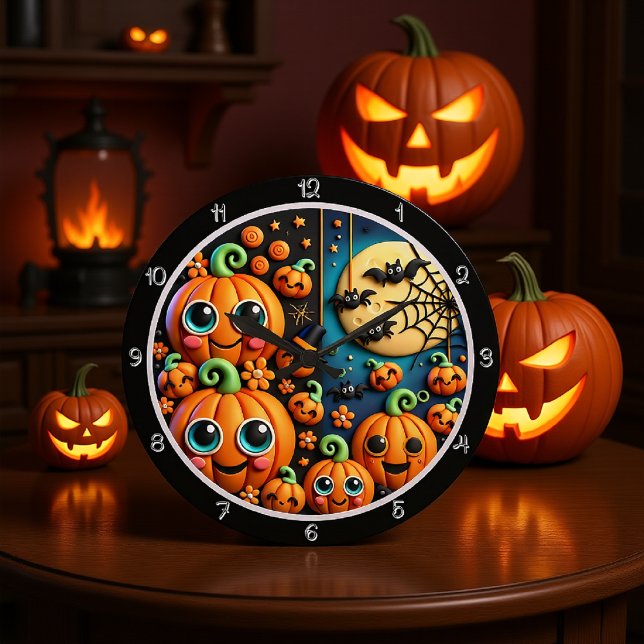 Reloj Redondo Grande Cute Pumpkins Moon Bats Scene (Subido por el creador)