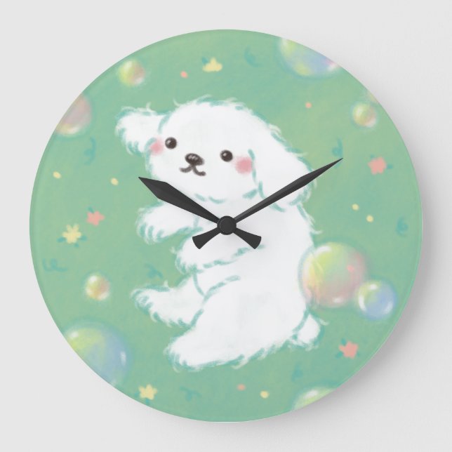 Reloj Redondo Grande Cute Puppy with Bubbles and Flowers (Anverso)