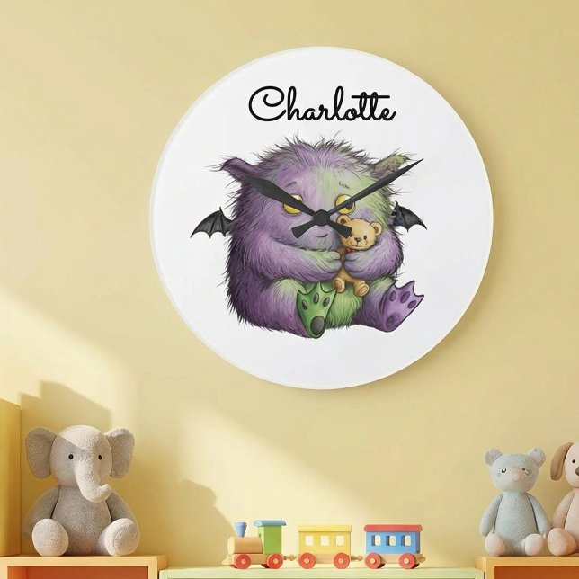 Reloj Redondo Grande Cute Purple Green Fluffy Monster Buddy (Subido por el creador)
