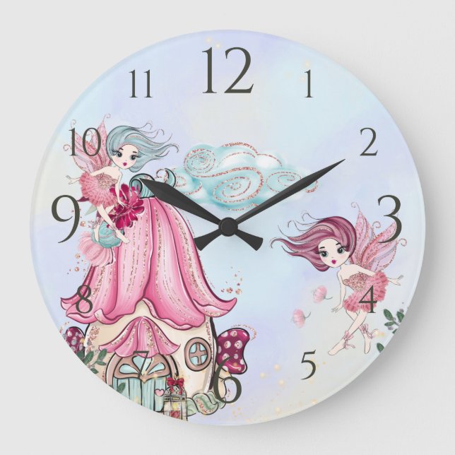 Reloj Redondo Grande Cute Purpurina Fairy Garden Pixie Fairies (Anverso)