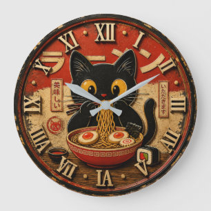 Reloj Redondo Grande Cute Ramen Cat Japanese Noodle Kawaii Anime Style