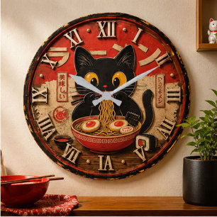 Reloj Redondo Grande Cute Ramen Cat Japanese Noodle Kawaii Anime Style
