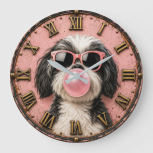 Reloj Redondo Grande Cute Shih Tzu Blowing Pink Bubble Gum