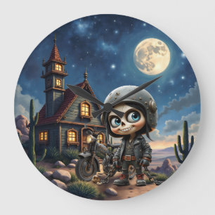 Reloj Redondo Grande Cute Skull Biker Paseo bajo la luz de la luna po