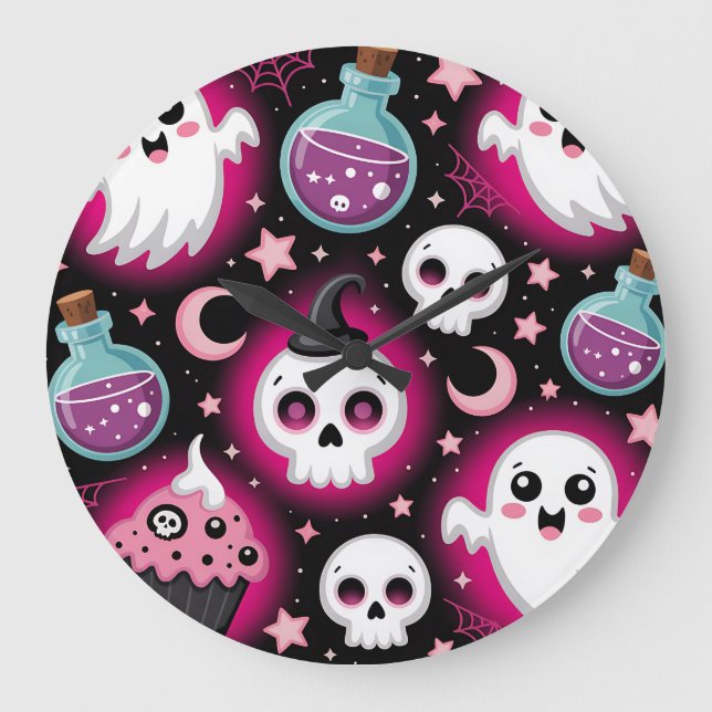Reloj Redondo Grande Cute Spooky Halloween Pattern with Ghosts, Skulls  (Anverso)