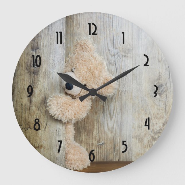 Reloj Redondo Grande Cute Stuffed Bear Rustic Wooden Backdrop (Anverso)