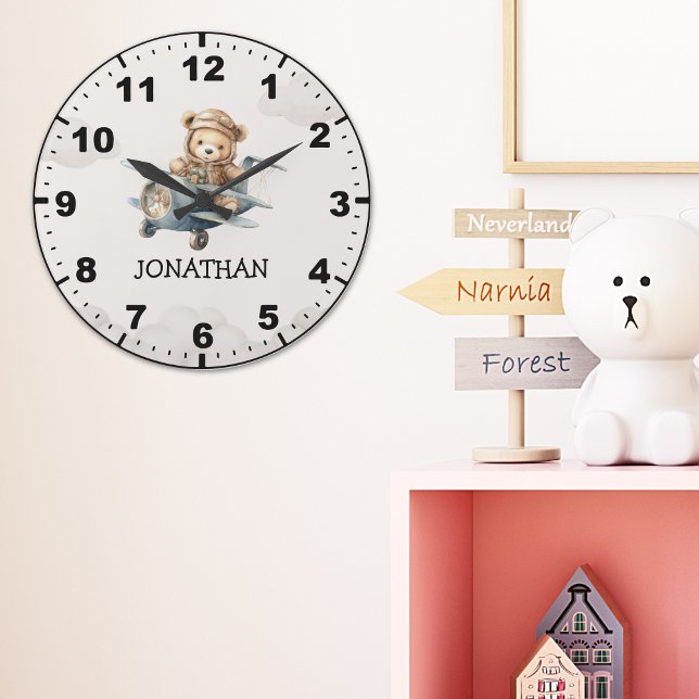 Reloj Redondo Grande Cute Teddy Bear Pilot in a Sky Adventure (Subido por el creador)