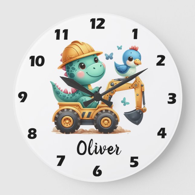 Reloj Redondo Grande Cute Trex Dinosaur Conduciendo un Vehículo de Cons (Anverso)