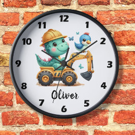 Reloj Redondo Grande Cute Trex Dinosaur Conduciendo un Vehículo de Cons