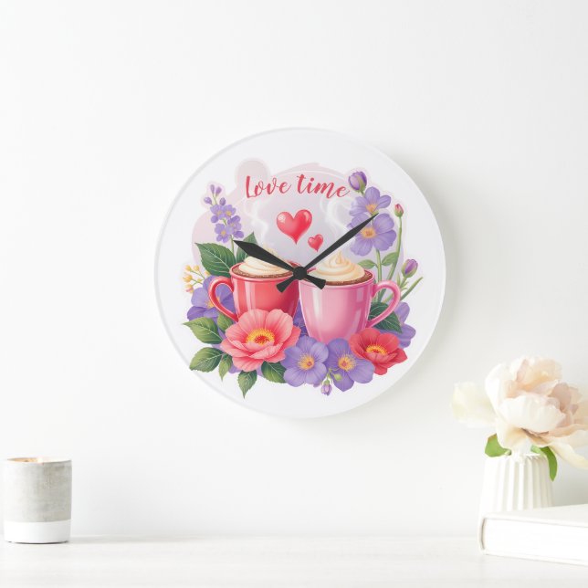 Reloj Redondo Grande Cute Valentine Cocoa Mugs with Flowers & Hearts (Hogar)
