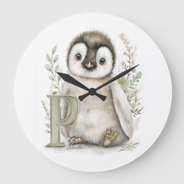 Reloj Redondo Grande Cute Watercolour Baby Animals Alphabet Penguin (Anverso)