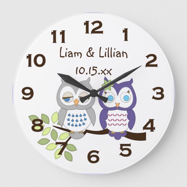 Reloj Redondo Grande Cute Whimsical Owl Twins Wall Clock (Anverso)