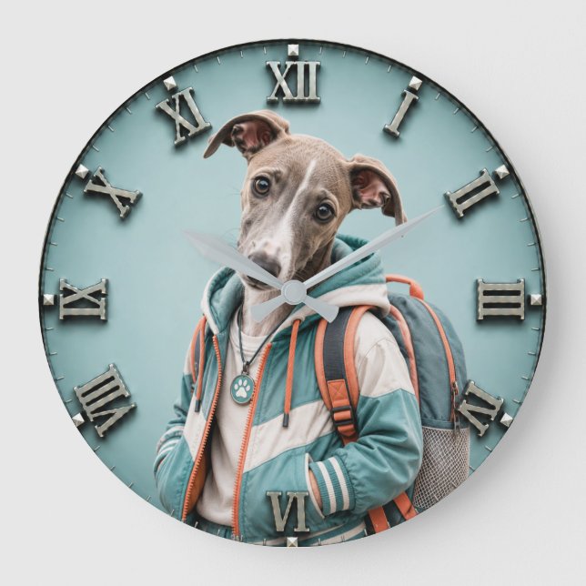 Reloj Redondo Grande Cute Whippet Puppy (Anverso)