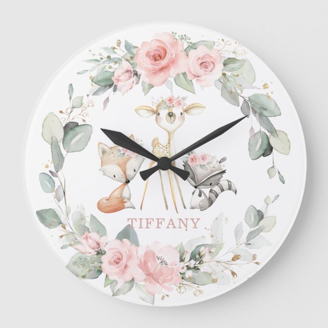 Reloj Redondo Grande Cute Woodland Animales Floral Greenery Chica Nurse (Anverso)