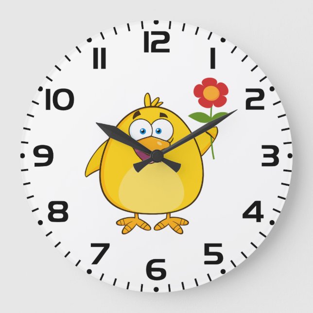 Reloj Redondo Grande Cute Yellow Cartoon Chick with Flower (Anverso)