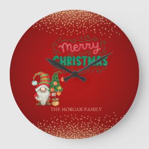 Reloj Redondo Grande Cuto Gnome Pine Tree Confetti Red Merry Navidad