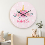 Reloj Redondo Grande Cuto unicornio Eyelashes Chicas de la pared de la<br><div class="desc">Cute Unicornio Eyelashes Chicas Bedroom Wall Clock. Este diseño presenta un hermoso unicornio rodeado de estrellas doradas y flores florales. Reloj de pared de fantasía mágico rosado para chicas. Personalice este diseño personalizado con su propio nombre o texto.</div>