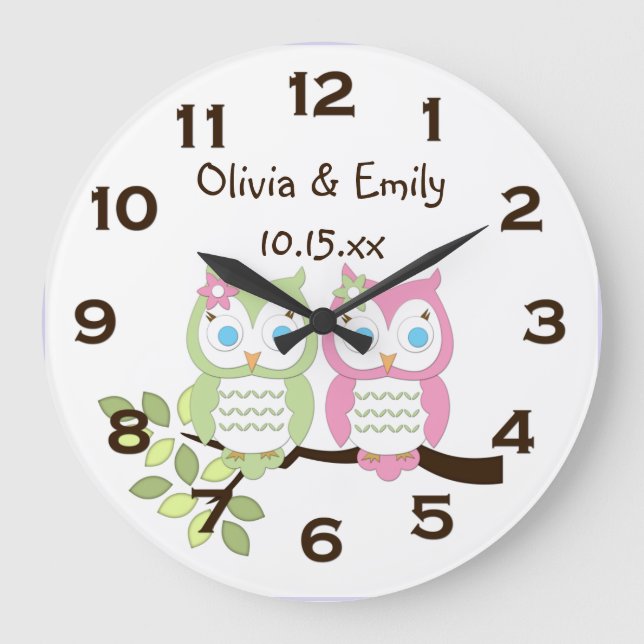 Reloj Redondo Grande Cuto y caprichoso Lechuza Verde Rosa Gemelos Muro  (Anverso)