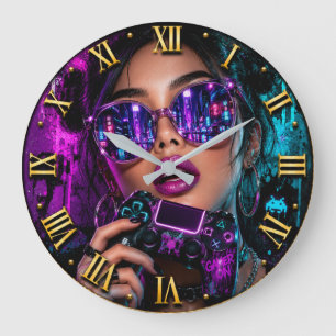 Reloj Redondo Grande Cyber Gamer Queen Neon Gaming Woman Portrait