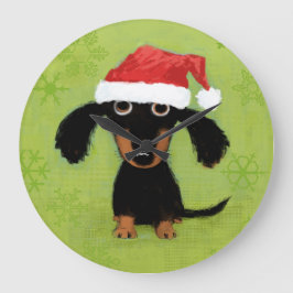 Reloj Redondo Grande Dachshund con Santa Hat | Navidades de Perro Wiene