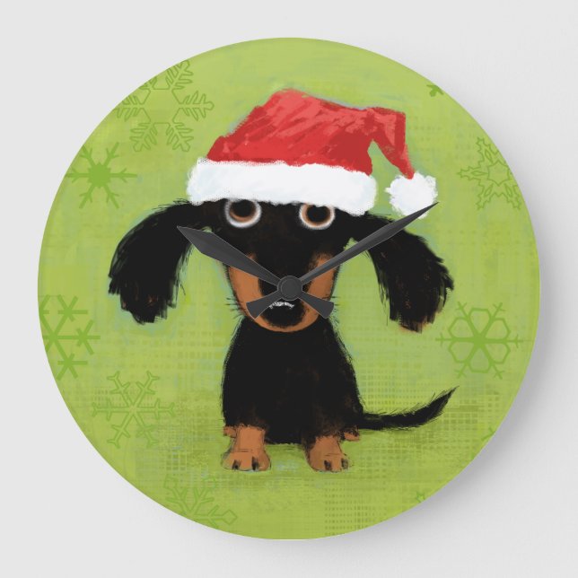 Reloj Redondo Grande Dachshund con Santa Hat | Navidades de Perro Wiene (Anverso)