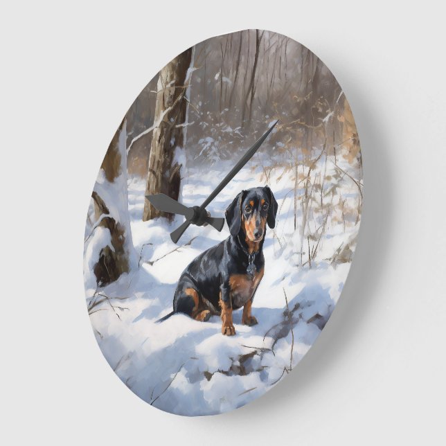 Reloj Redondo Grande Dachshund Deja que nieve Navidad (Ángulo)