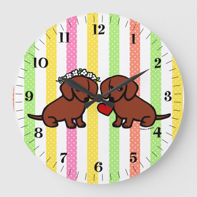 Reloj Redondo Grande Dachshund Love Couple Personalizado (Anverso)