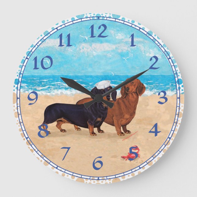 Reloj Redondo Grande Dachshunds en la playa (Anverso)