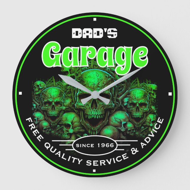 Reloj Redondo Grande Dad's Garage Green Skulls Automotive Mechanic  (Anverso)