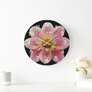 Reloj Redondo Grande Dahlia Collarette Rosa sobre Floral Negro