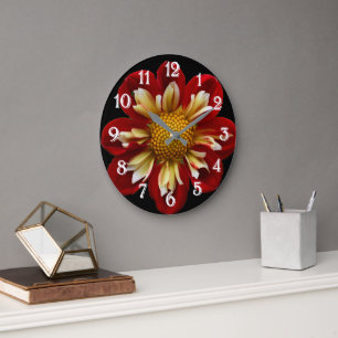 Reloj Redondo Grande Dahlia de Collareta Roja sobre Floral Negro