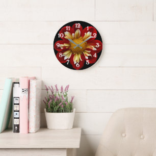 Reloj Redondo Grande Dahlia de Collareta Roja sobre Floral Negro