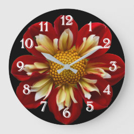 Reloj Redondo Grande Dahlia de Collareta Roja sobre Floral Negro