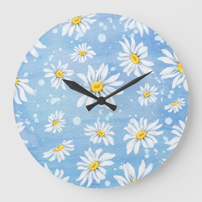 Reloj Redondo Grande Daisies blancos en azul (Anverso)