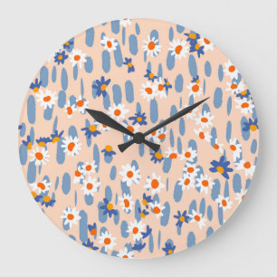 Reloj Redondo Grande Daisies Botánicos: Patrón Vintage de Seamless.