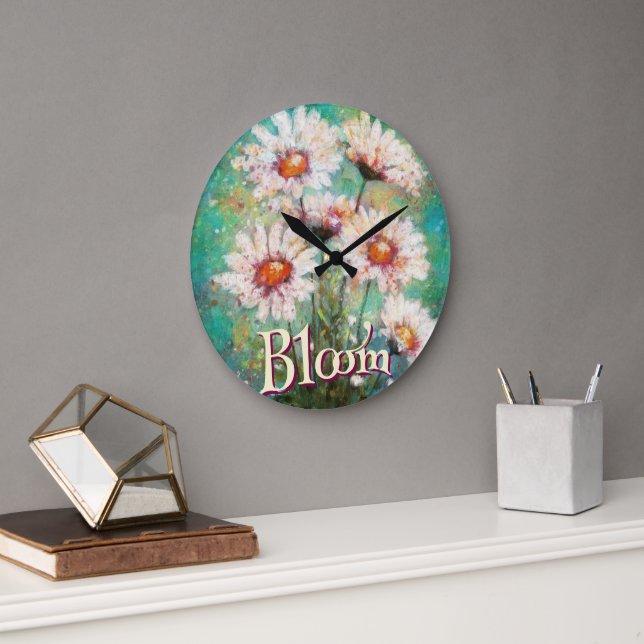 Reloj Redondo Grande Daisies Impressionistic Floral Teal Personalized (Oficina)