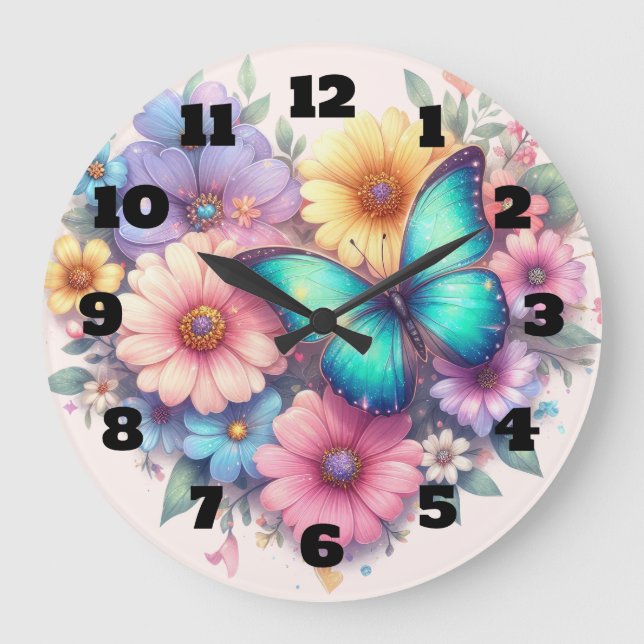 Reloj Redondo Grande Daisy Flowers with a Beautiful Butterfly (Anverso)