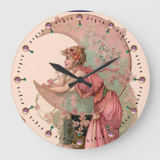 RELOJ REDONDO GRANDE DAMA DE LA LUNA CON FLORES EN ROSA