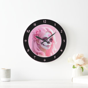 Reloj Redondo Grande Dama Rosa Calavera de Azúcar