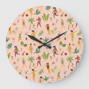 Reloj Redondo Grande Damas bailarinas, patrón de hojas de palma.